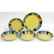 Керамическая желтыми полосками квадратный дизайн ручная роспись Набор посуды (TM7514)